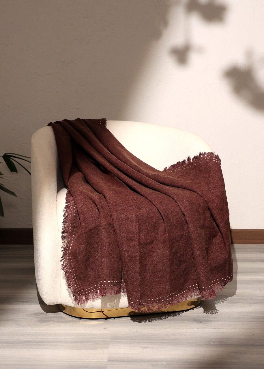 Stonewashed Linen Woven Throw Blanket | Fringe | 52” x 68” | Cozy Decorative Throw